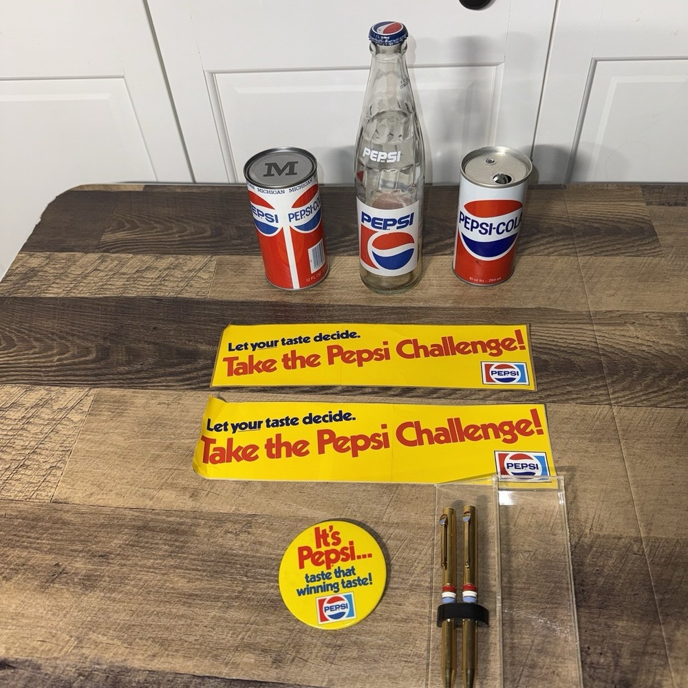 Vintage Pepsi Collectibles Lot Cans, Pen/pencil Set Bumper Stickers Button‎